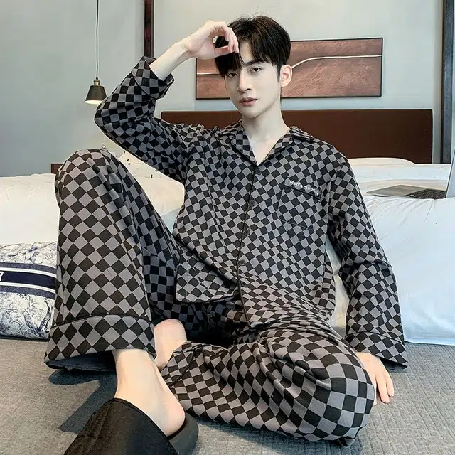 俏韵 翻领秋季长袖开衫春季休闲简约薄款家居服可外穿睡衣套装 男款