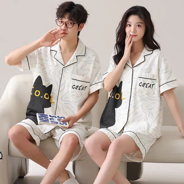 俏韵 舒适休闲翻领短袖薄款家居服可外穿睡衣套装 男女同款