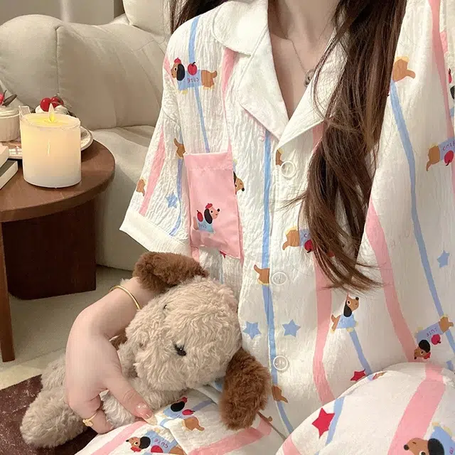 俏韵 翻领卡通凉感薄款短袖舒适家居服可外穿睡衣套装 女款