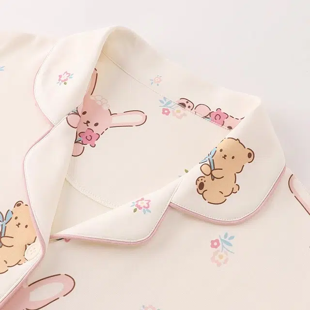 俏韵 翻领卡通纯棉可外穿短袖三分裤睡衣套装 女款 杏色