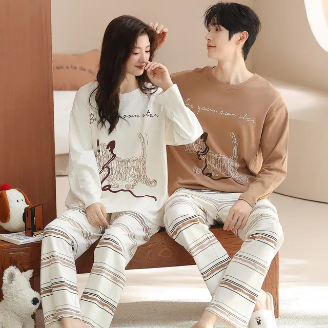 俏韵 圆领卡通春秋季款纯棉长袖长裤甜美印花可爱舒适薄款家居服可外穿睡衣套装 男女同款