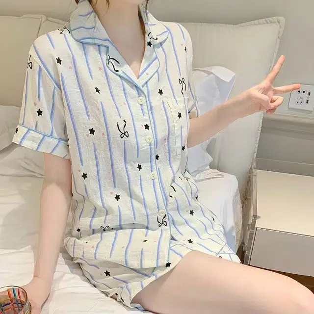 俏韵 夏季云朵棉甜美短袖短裤条纹小清新家居服可外穿睡衣套装 女款