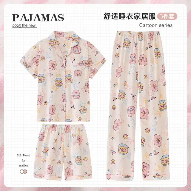 俏韵 翻领卡通夏季云朵棉带胸垫甜美短袖三件套休闲舒适薄款家居服可外穿睡衣套装 女款