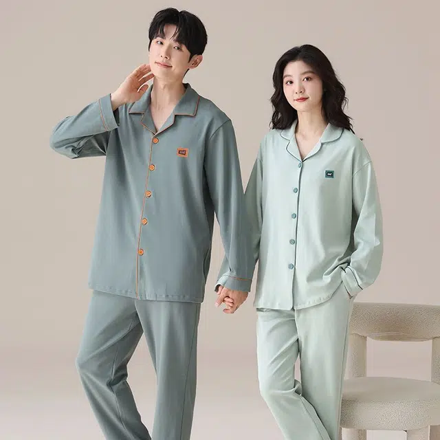 俏韵 翻领春秋季款纯棉简约长袖长裤甜美舒适休闲家居服可外穿睡衣套装 男女同款