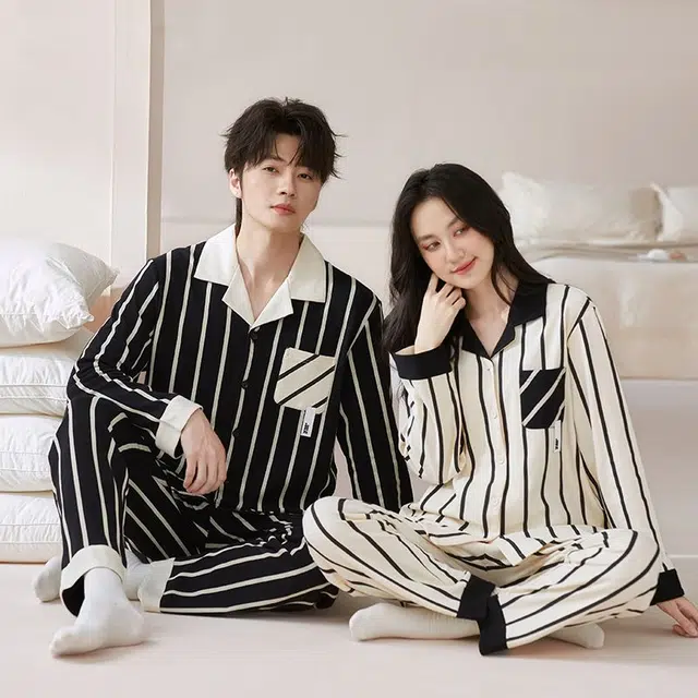 俏韵 翻领春秋季简约条纹长袖长裤甜美舒适休闲高级家居服可外穿睡衣套装 男女同款