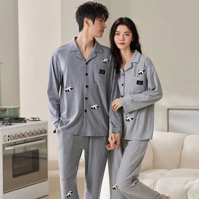俏韵 翻领卡通春秋季简约长袖长裤甜美舒适休闲家居服可外穿睡衣套装 男女同款
