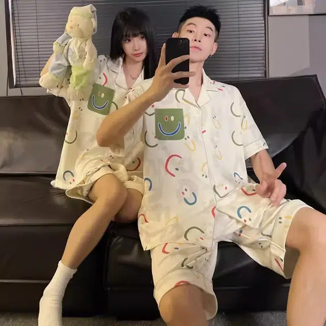 俏韵 翻领卡通笑脸短袖舒适凉爽家居服可外穿夏季睡衣套装 男女同款 图片色