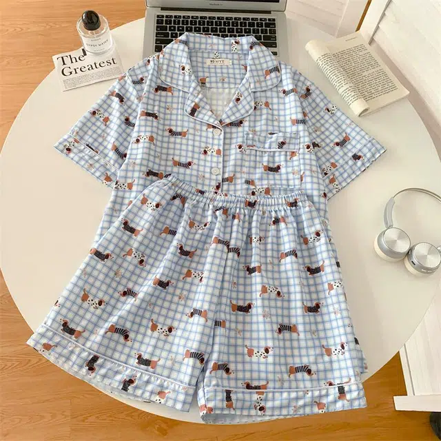 俏韵 翻领卡通夏季冰丝甜美舒适短袖短裤薄款家居服可外穿睡衣套装 女款