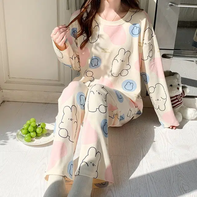 俏韵 圆领卡通春秋季款仿棉长袖甜美休闲家居服可外穿睡衣套装 女款