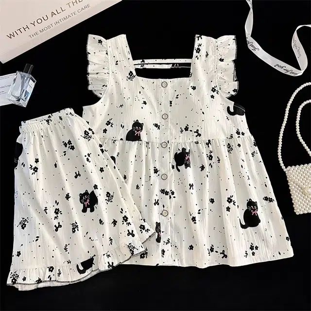 俏韵 卡通小黑猫休闲简约吊带短裤少女家居服睡衣套装 女款