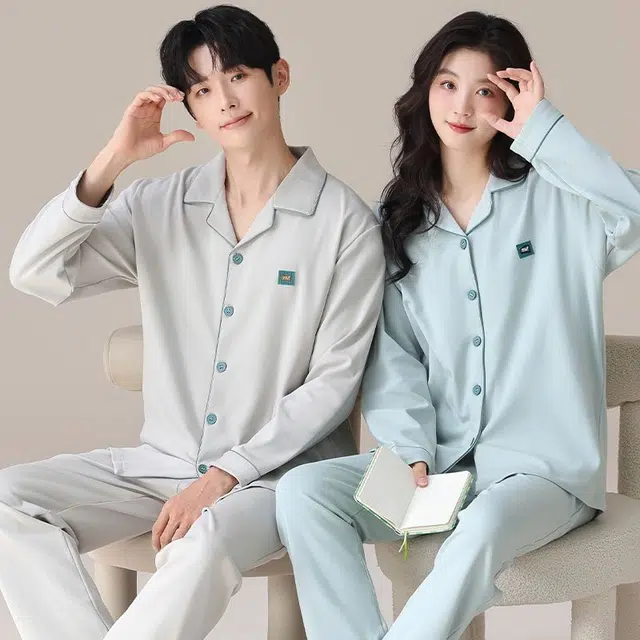 俏韵 翻领春秋季纯棉简约长袖长裤甜美舒适休闲高级家居服可外穿睡衣套装 男女同款