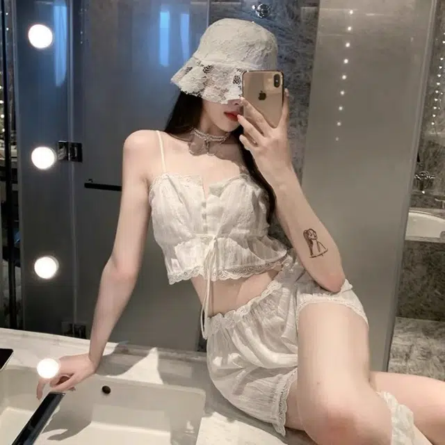 舒汐  情趣内衣纯欲吊带短裤套装白色少女睡衣灯笼裤性感家居套装