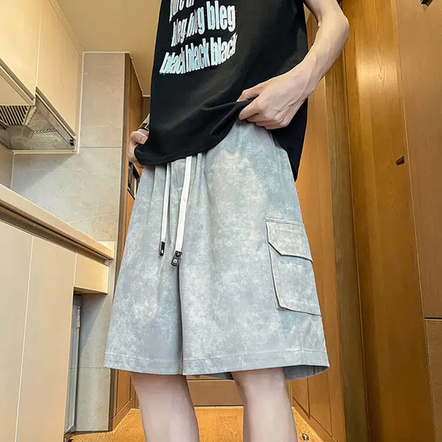 宾力克 美式工装通勤百搭宽松系带中腰五分休闲短裤 男女同款