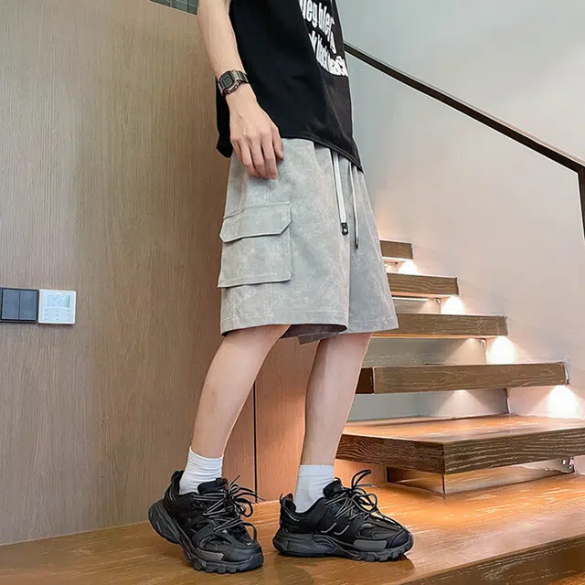 宾力克 美式工装通勤百搭宽松系带中腰五分休闲短裤 男女同款