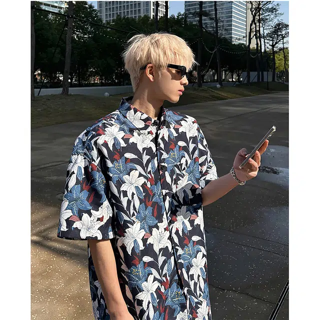 宾力克 满花舒适百搭翻领短袖衬衫 男女同款