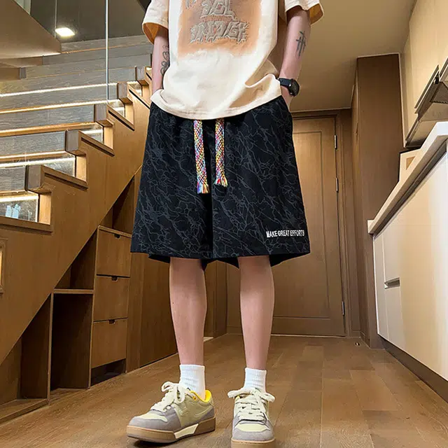 宾力克 美式复古无性别主义时尚潮牌户外日常通勤百搭宽松舒适阔腿直筒系带彩色抽绳五分休闲短裤 男女同款