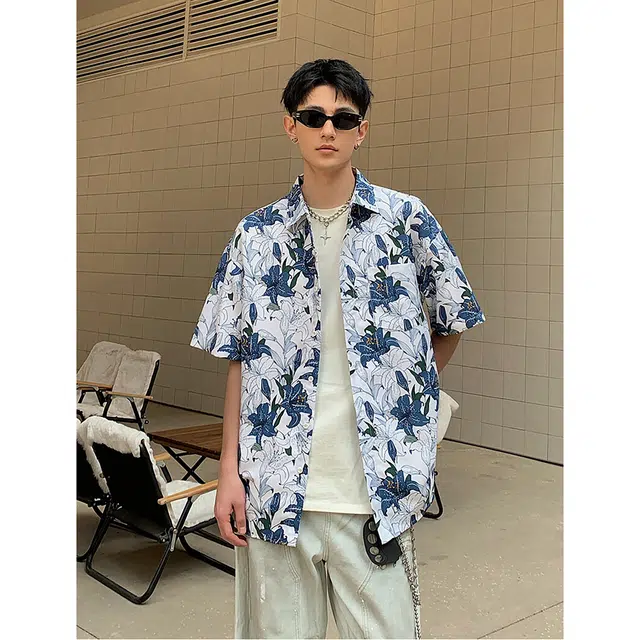 宾力克 满花舒适百搭翻领短袖衬衫 男女同款