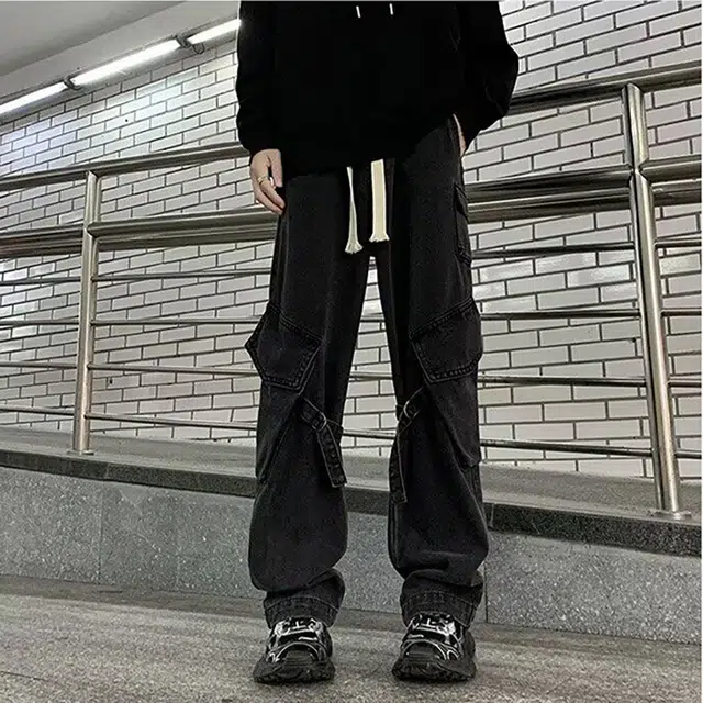 宾力克 美式复古高街痞帅直筒长裤牛仔裤 男女同款