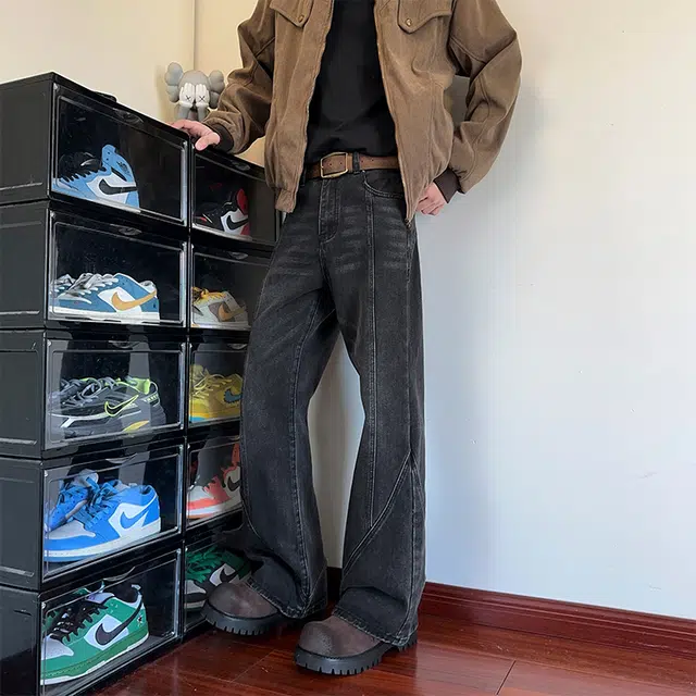 宾力克 美式复古分割线条设计垂坠感亲肤舒适日常通勤百搭休闲做旧水洗长裤牛仔裤 男女同款 黑色
