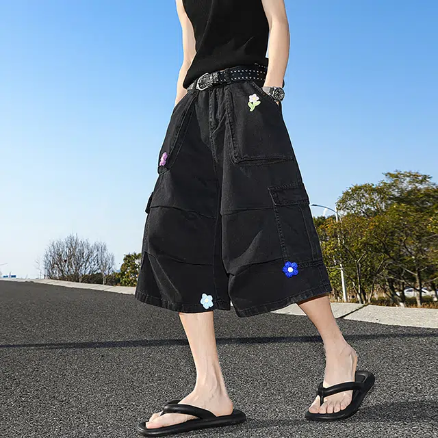 宾力克 美式高街潮牌褶皱花卉小众设计阔腿裤宽松舒适重磅针织纯棉伞兵裤七分休闲短裤 男女同款