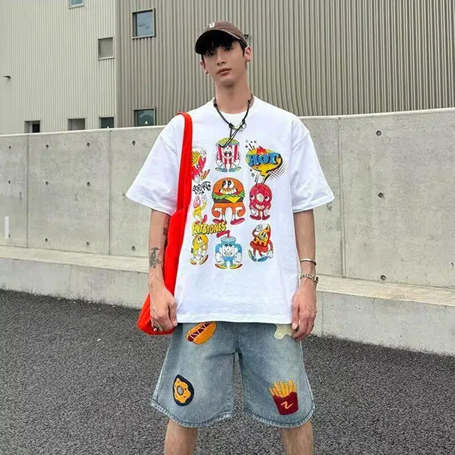 宾力克 美式复古高街水洗卡通设计舒适日常户外百搭五分休闲牛仔短裤 男女同款