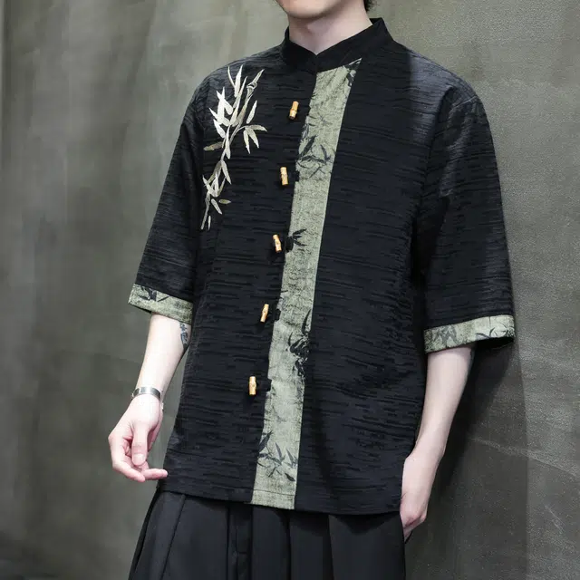 费尔岛上的猫 国潮新中式竹叶刺绣提花宽松透气百搭短袖衬衫 男女同款
