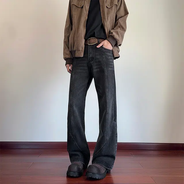 宾力克 美式复古分割线条设计垂坠感亲肤舒适日常通勤百搭休闲做旧水洗长裤牛仔裤 男女同款 黑色