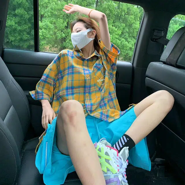 宾力克 美式格纹毛边流苏立体刺绣短袖衬衫 男女同款 黄色