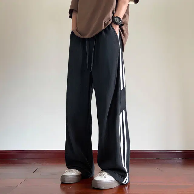 宾力克 美式高街复古做旧三条杠侧部条纹拼接夏季冰丝凉感薄款长裤系带宽松直筒阔腿垂感抗皱百搭舒适透气休闲牛仔裤 男女同款