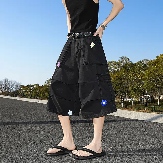 宾力克 美式高街潮牌褶皱花卉小众设计阔腿裤宽松舒适重磅针织纯棉伞兵裤七分休闲短裤 男女同款