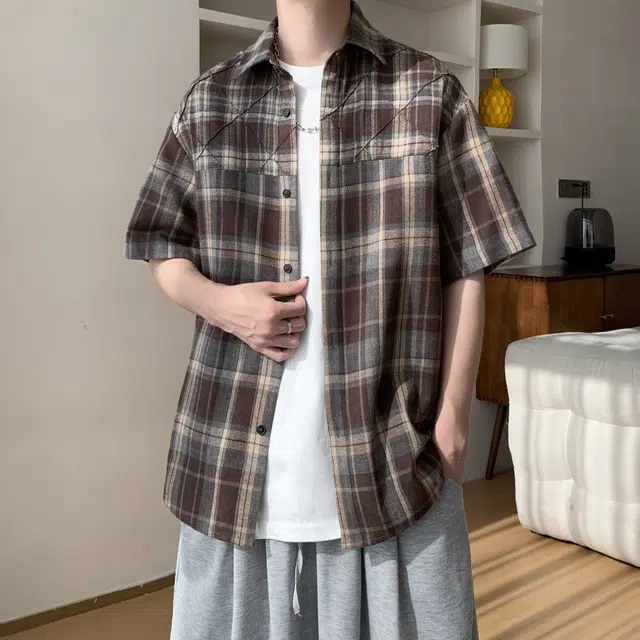 宾力克 港风复古垂感翻领简约休闲格子设计宽松百搭短袖衬衫 男女同款