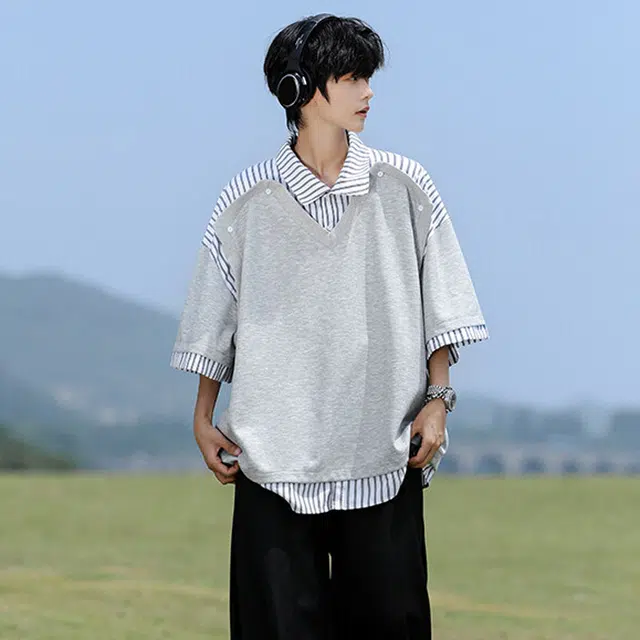 宾力克 美式高街条纹拼接假两件设计感高级感个性时尚潮流宽松百搭少年感酷帅短袖衬衫 男女同款