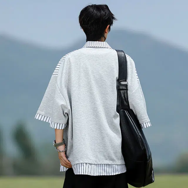 宾力克 美式高街条纹拼接假两件设计感高级感个性时尚潮流宽松百搭少年感酷帅短袖衬衫 男女同款