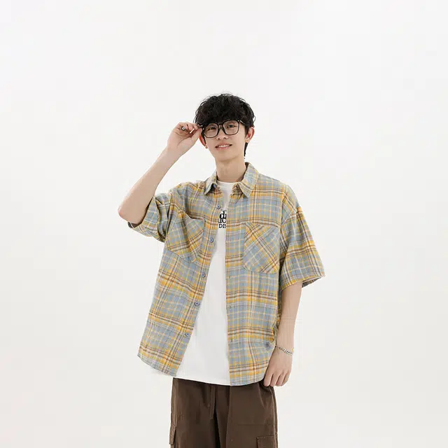 宾力克 美式潮牌宽松休闲日常通勤舒适百搭翻领短袖衬衫 男女同款