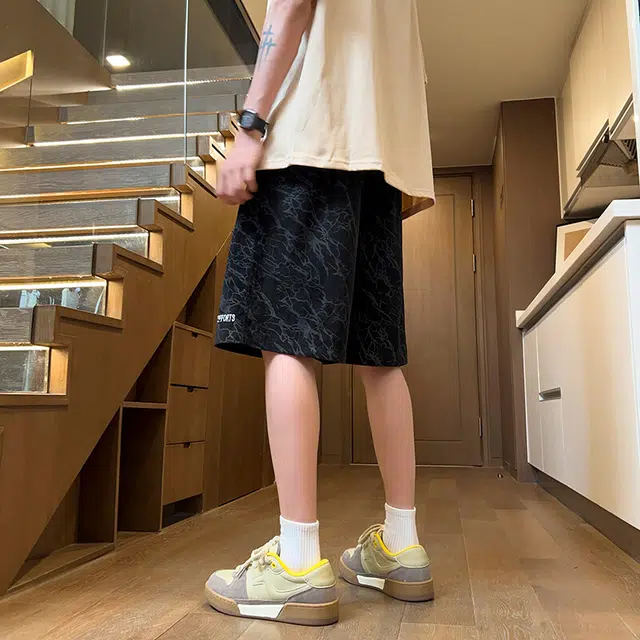 宾力克 美式复古无性别主义时尚潮牌户外日常通勤百搭宽松舒适阔腿直筒系带彩色抽绳五分休闲短裤 男女同款