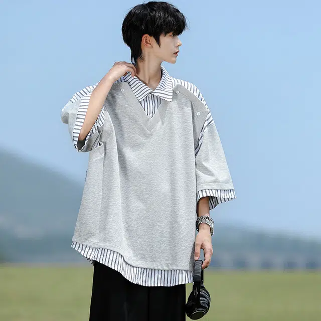 宾力克 美式高街条纹拼接假两件设计感高级感个性时尚潮流宽松百搭少年感酷帅短袖衬衫 男女同款
