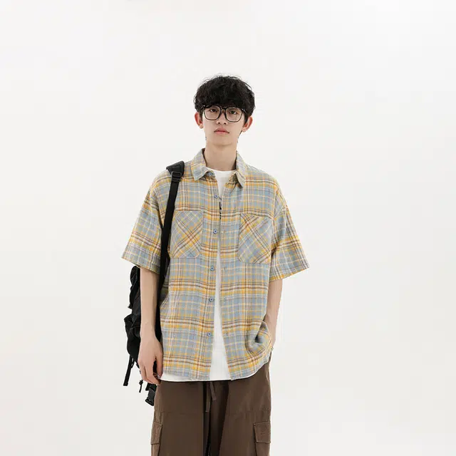 宾力克 美式潮牌宽松休闲日常通勤舒适百搭翻领短袖衬衫 男女同款