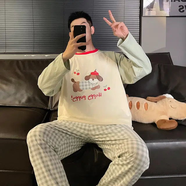 俏韵 休闲亲肤透气时尚圆领睡衣套装 男款 图片色