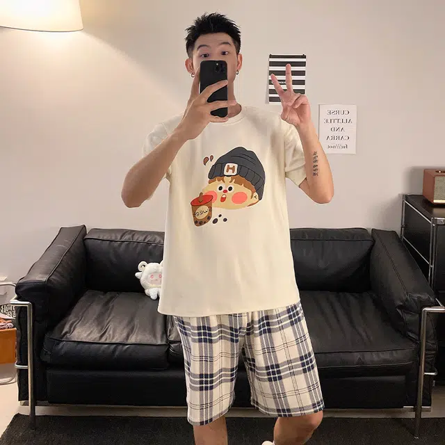 俏韵 亲肤透气休闲圆领短袖睡衣套装 男款 图片色