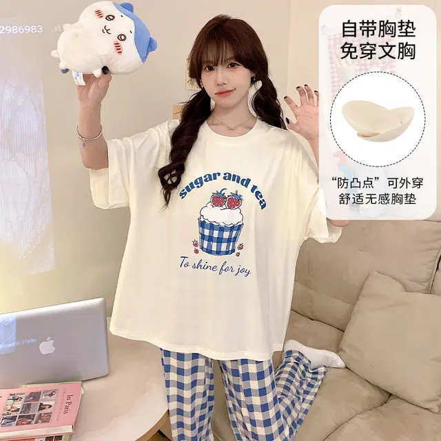 俏韵 休闲慵懒风圆领短袖长裤带胸垫睡衣套装 女款 图片色