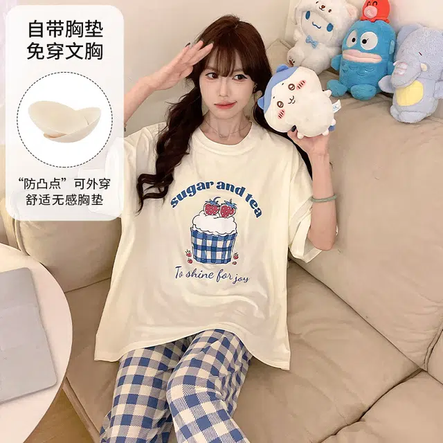 俏韵 休闲慵懒风圆领短袖长裤带胸垫睡衣套装 女款 图片色