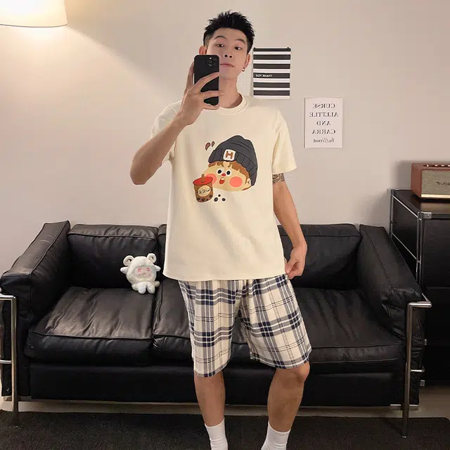 俏韵 亲肤透气休闲圆领短袖睡衣套装 男款 图片色