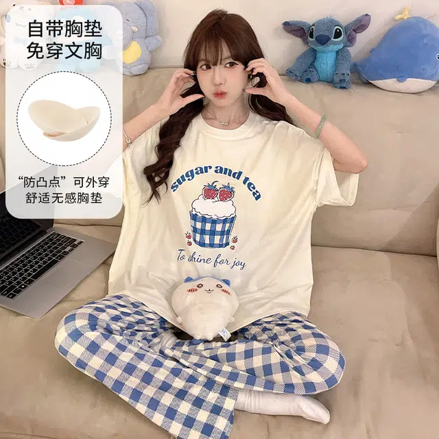 俏韵 休闲慵懒风圆领短袖长裤带胸垫睡衣套装 女款 图片色