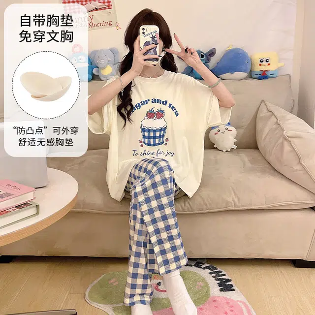 俏韵 休闲慵懒风圆领短袖长裤带胸垫睡衣套装 女款 图片色