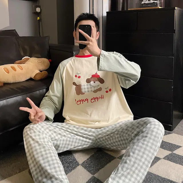 俏韵 休闲亲肤透气时尚圆领睡衣套装 男款 图片色