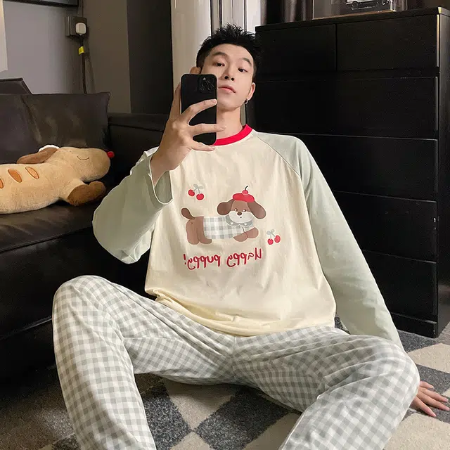 俏韵 休闲亲肤透气时尚圆领睡衣套装 男款 图片色