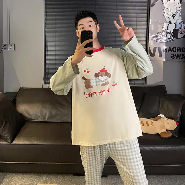 俏韵 休闲亲肤透气时尚圆领睡衣套装 男款 图片色