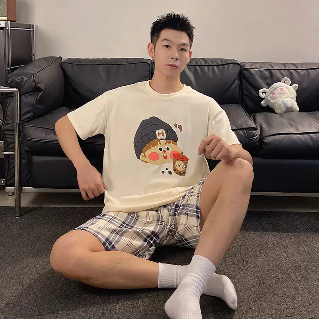 俏韵 亲肤透气休闲圆领短袖睡衣套装 男款 图片色