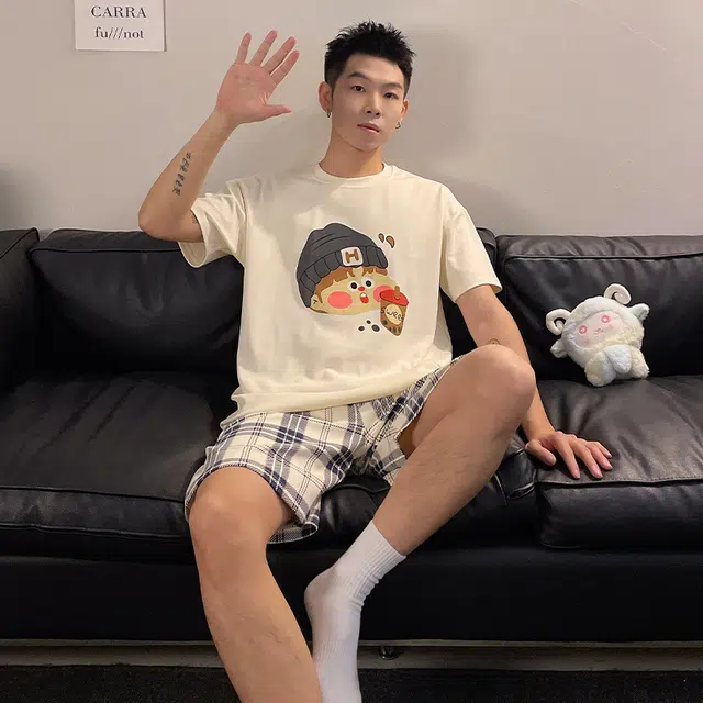 俏韵 亲肤透气休闲圆领短袖睡衣套装 男款 图片色