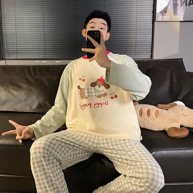 俏韵 休闲亲肤透气时尚圆领睡衣套装 男款 图片色